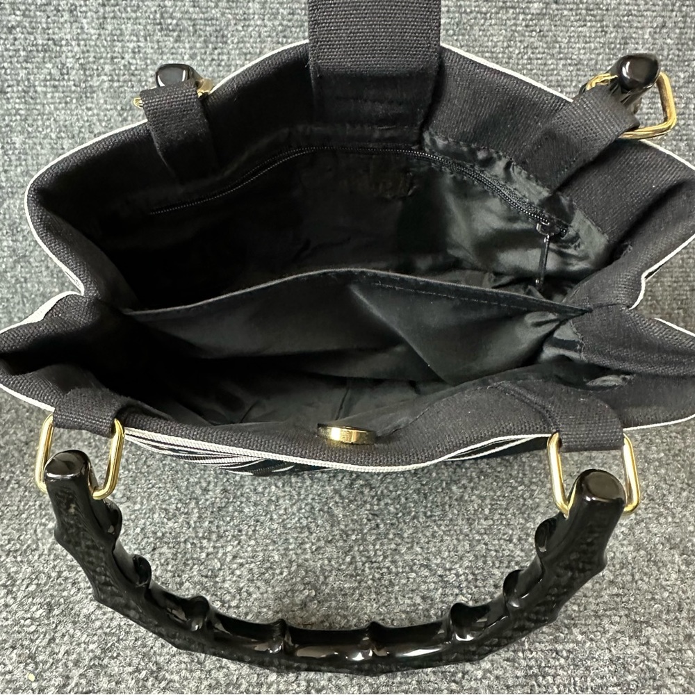 Vintage Tianni hand bag bamboo top handles black and white grosgrain ribbon 8x10 - Picture 5 of 13